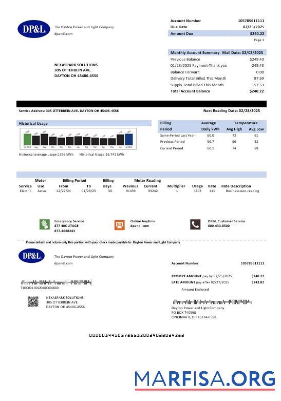 Downloadable USA Ohio DP&L business utility bill template in Word and PDF formats